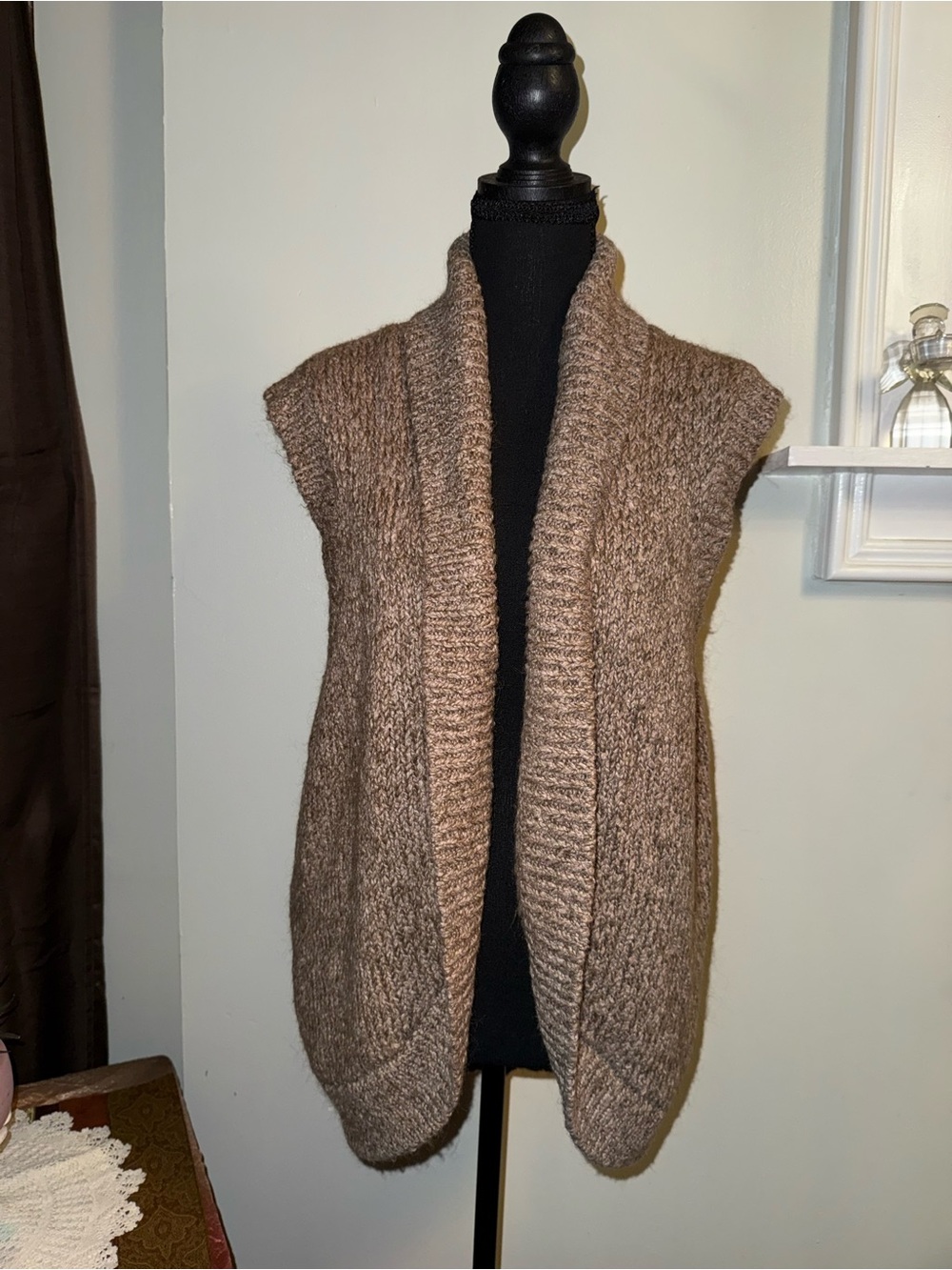 aerie Brown Sleeveless Open-Front Shawl Collar Knit Sweater Vest
